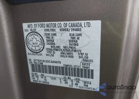 2003 Ford F-150 Lariat/Xl/Xlt from USA, damaged, VIN 2FTRX18L23CA00070